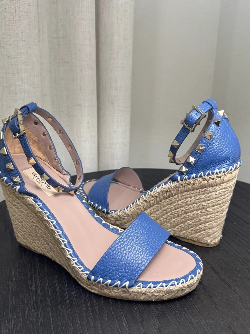 Valentino Garavani Rockstud Espadrille Wedge Sandals Blue 39